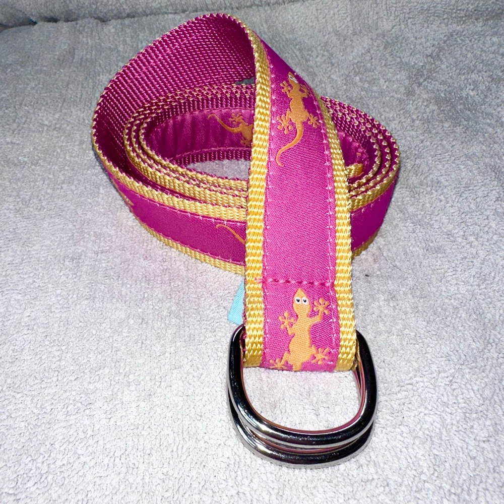 EUC Women’s Large Eliza B Canvas Belt Pink/Gold Salamanders/Lizard D Ring Buckle